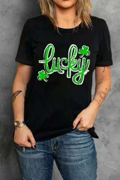 Hot Dear-Lover St. Patricks Lucky Clover Print O Neck T Shirt Black