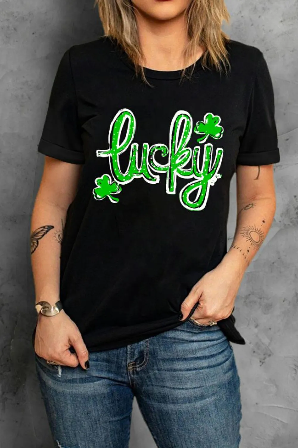 Hot Dear-Lover St. Patricks Lucky Clover Print O Neck T Shirt Black