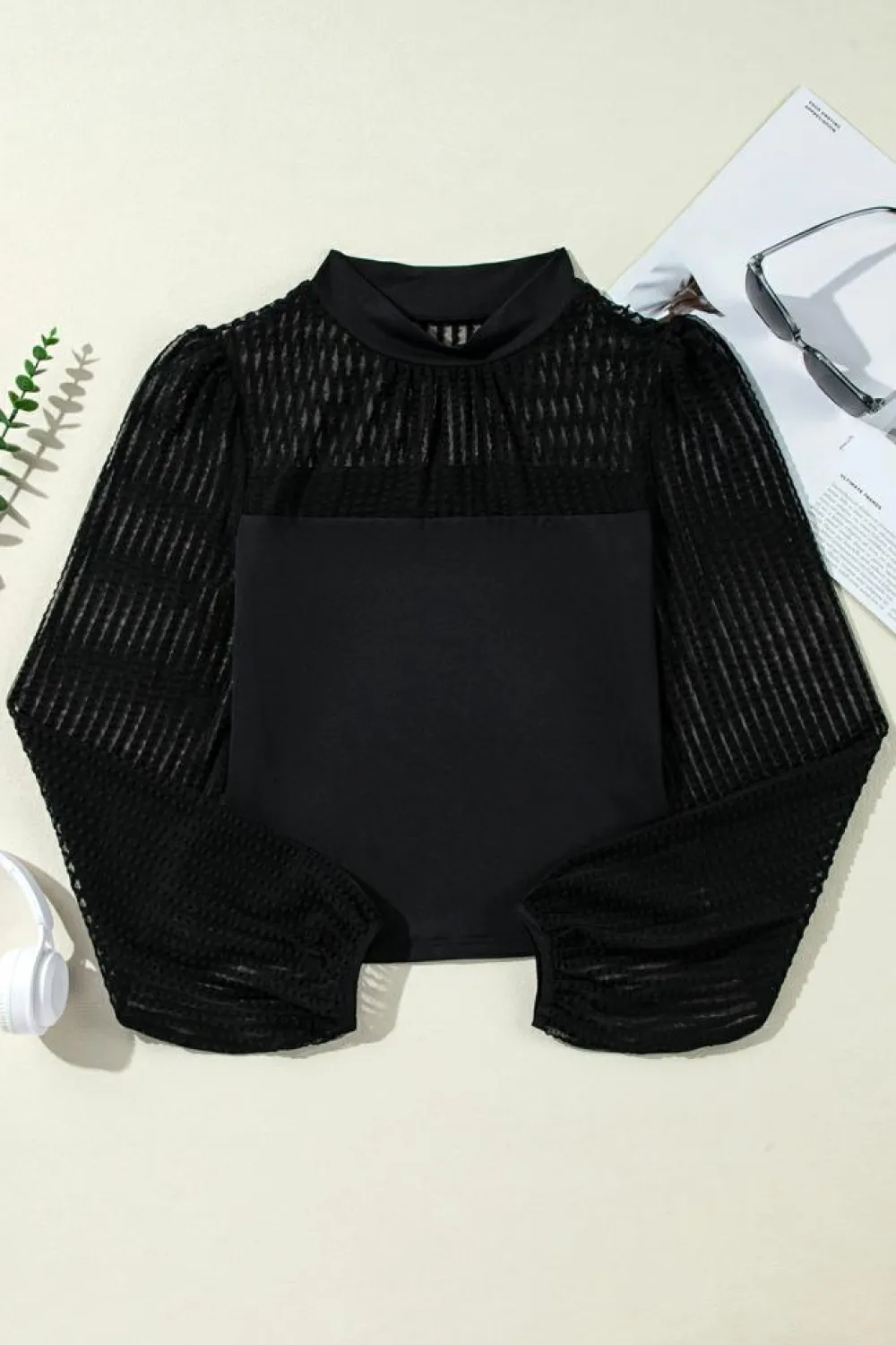 Best Dear-Lover Stand Collar Striped Mesh Lantern Sleeve Blouse Black