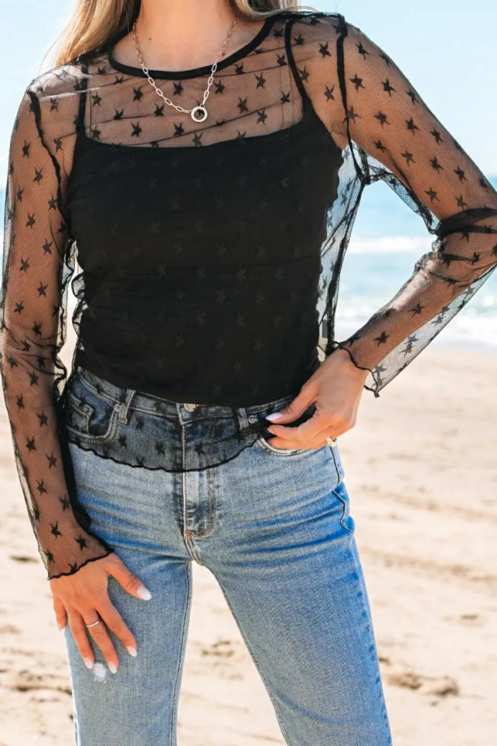 New Dear-Lover Star Print Mesh Sheer Slim Long Sleeve Top Black