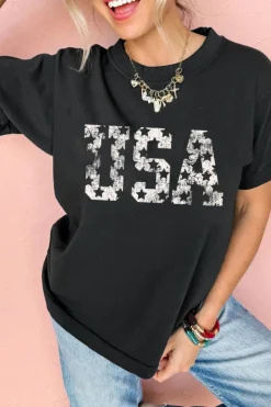 Sale Dear-Lover Star USA Graphic Crewneck T Shirt Black