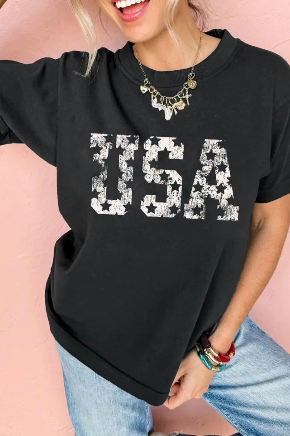 Sale Dear-Lover Star USA Graphic Crewneck T Shirt Black