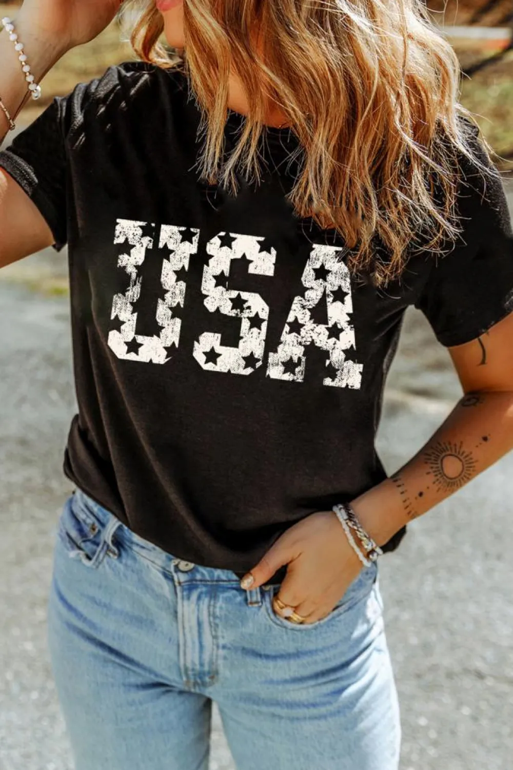 Sale Dear-Lover Star USA Graphic Crewneck T Shirt Black