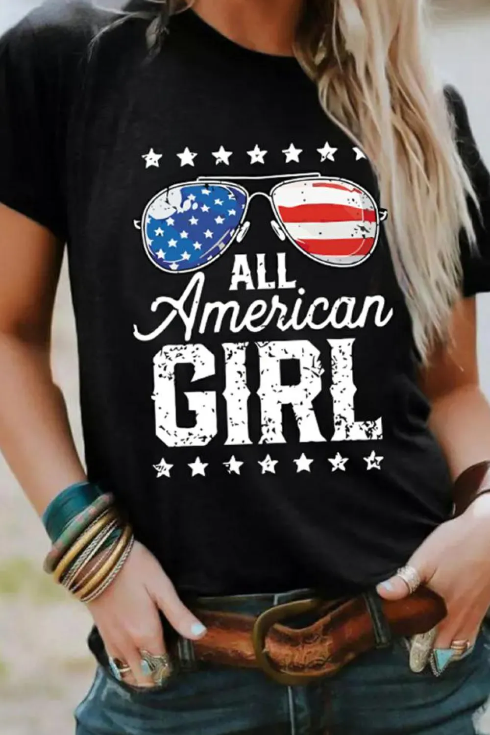 Sale Dear-Lover Stars and Stripes Glasses Slogan Graphic T Shirt Black