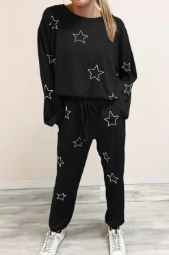 Sale Dear-Lover Stars Print Long Sleeve Drawstring High Waist Lounge Set Black