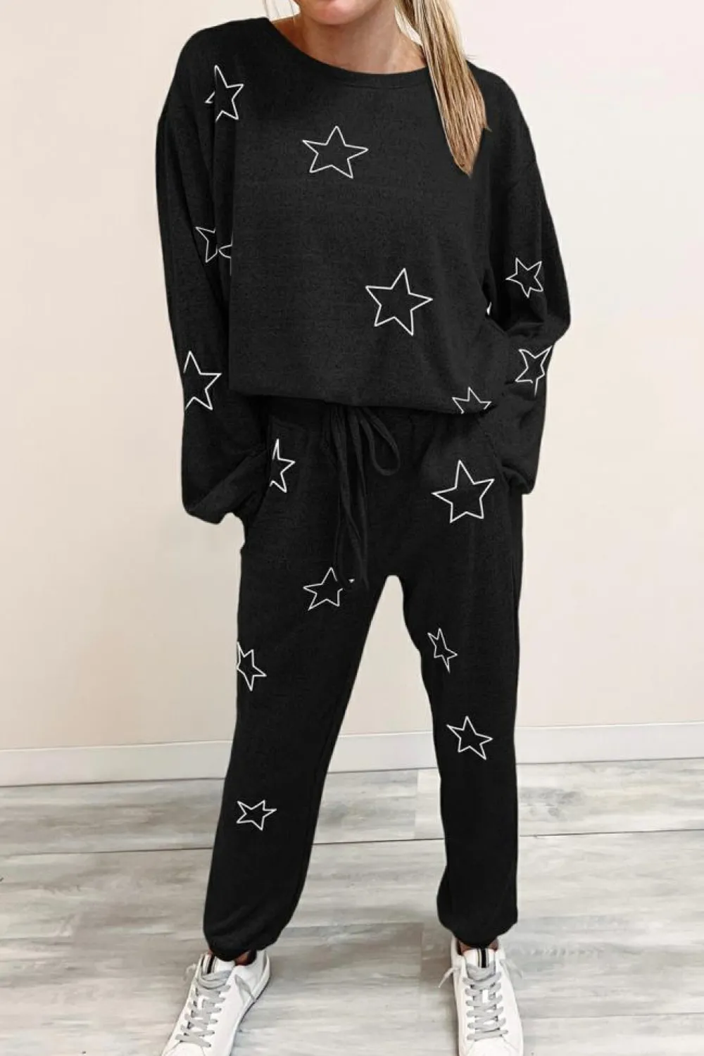 Sale Dear-Lover Stars Print Long Sleeve Drawstring High Waist Lounge Set Black
