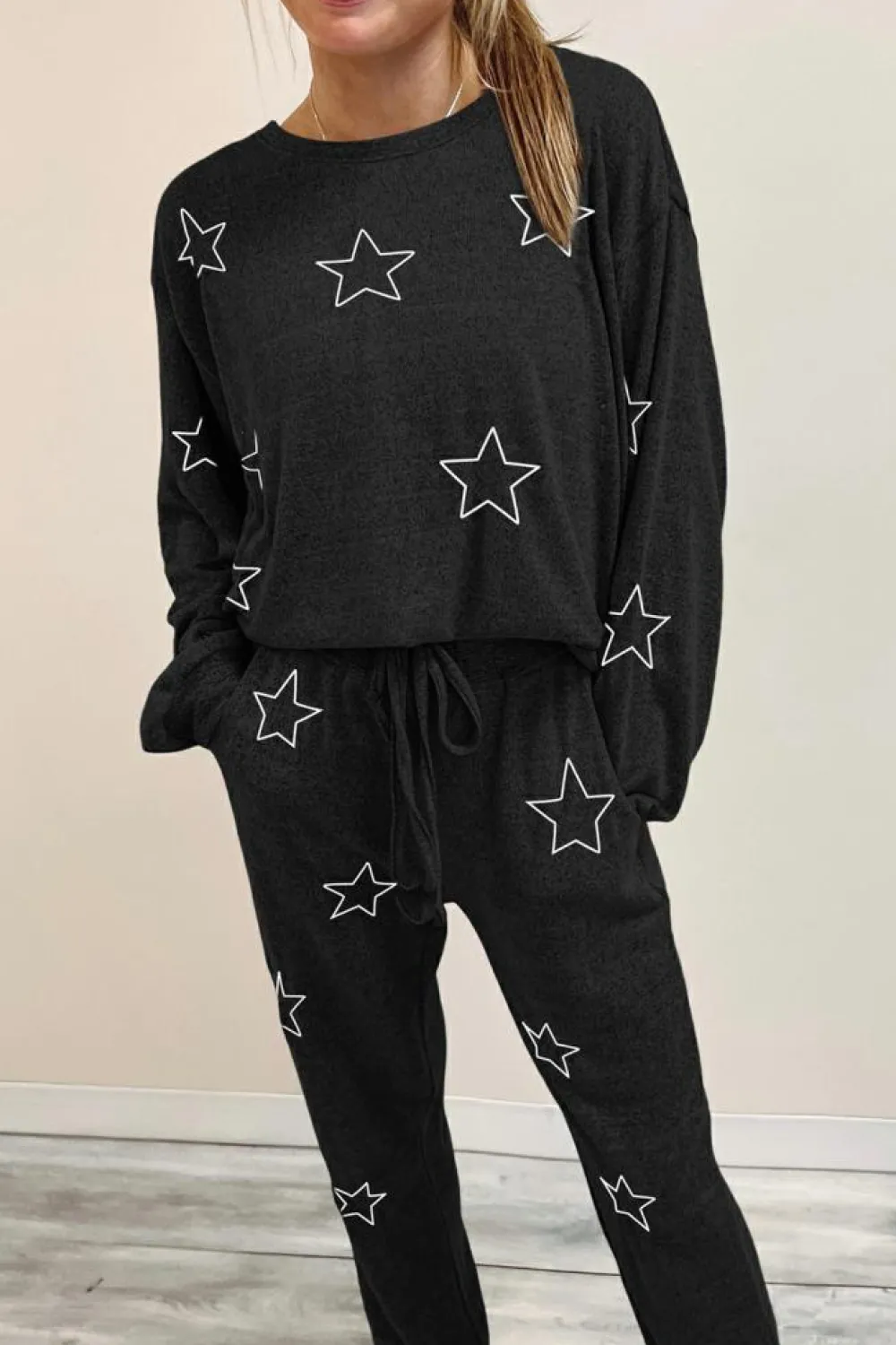 Sale Dear-Lover Stars Print Long Sleeve Drawstring High Waist Lounge Set Black