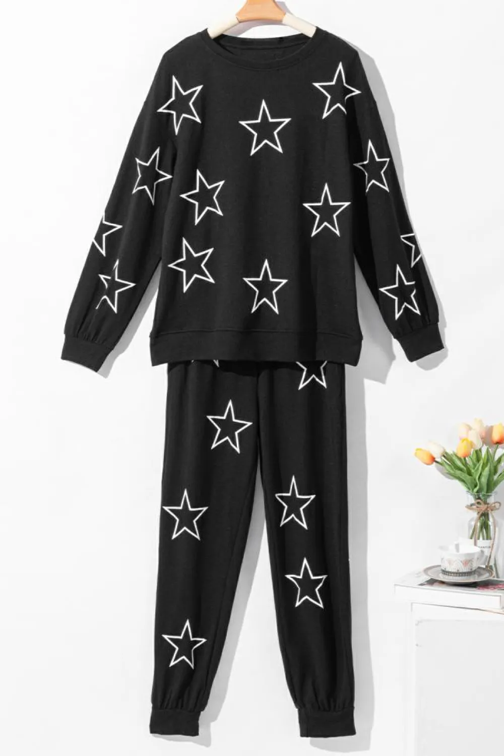 Sale Dear-Lover Stars Print Long Sleeve Drawstring High Waist Lounge Set Black