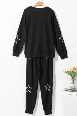Sale Dear-Lover Stars Print Long Sleeve Drawstring High Waist Lounge Set Black