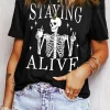 Hot Dear-Lover STAYING ALIVE Funny Skeleton Print Round Neck T Shirt Black