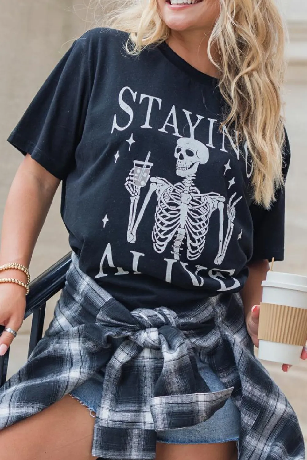 Hot Dear-Lover STAYING ALIVE Funny Skeleton Print Round Neck T Shirt Black