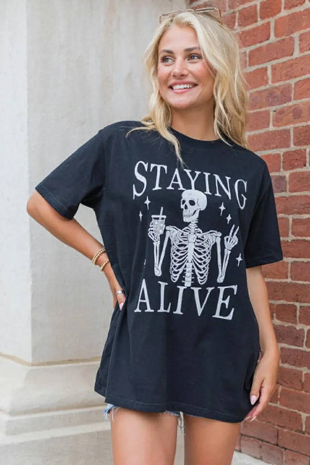 Hot Dear-Lover STAYING ALIVE Funny Skeleton Print Round Neck T Shirt Black