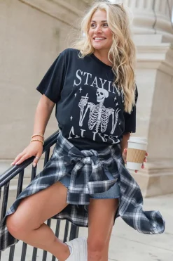 Hot Dear-Lover STAYING ALIVE Funny Skeleton Print Round Neck T Shirt Black