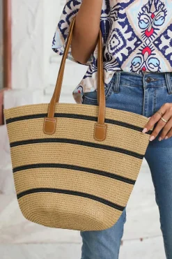 New Dear-Lover Straw Woven Striped Vacation One Shoulder Bag Black