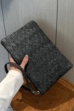 Online Dear-Lover Straw Woven Wrist Strap Zipper Large Wallet Black