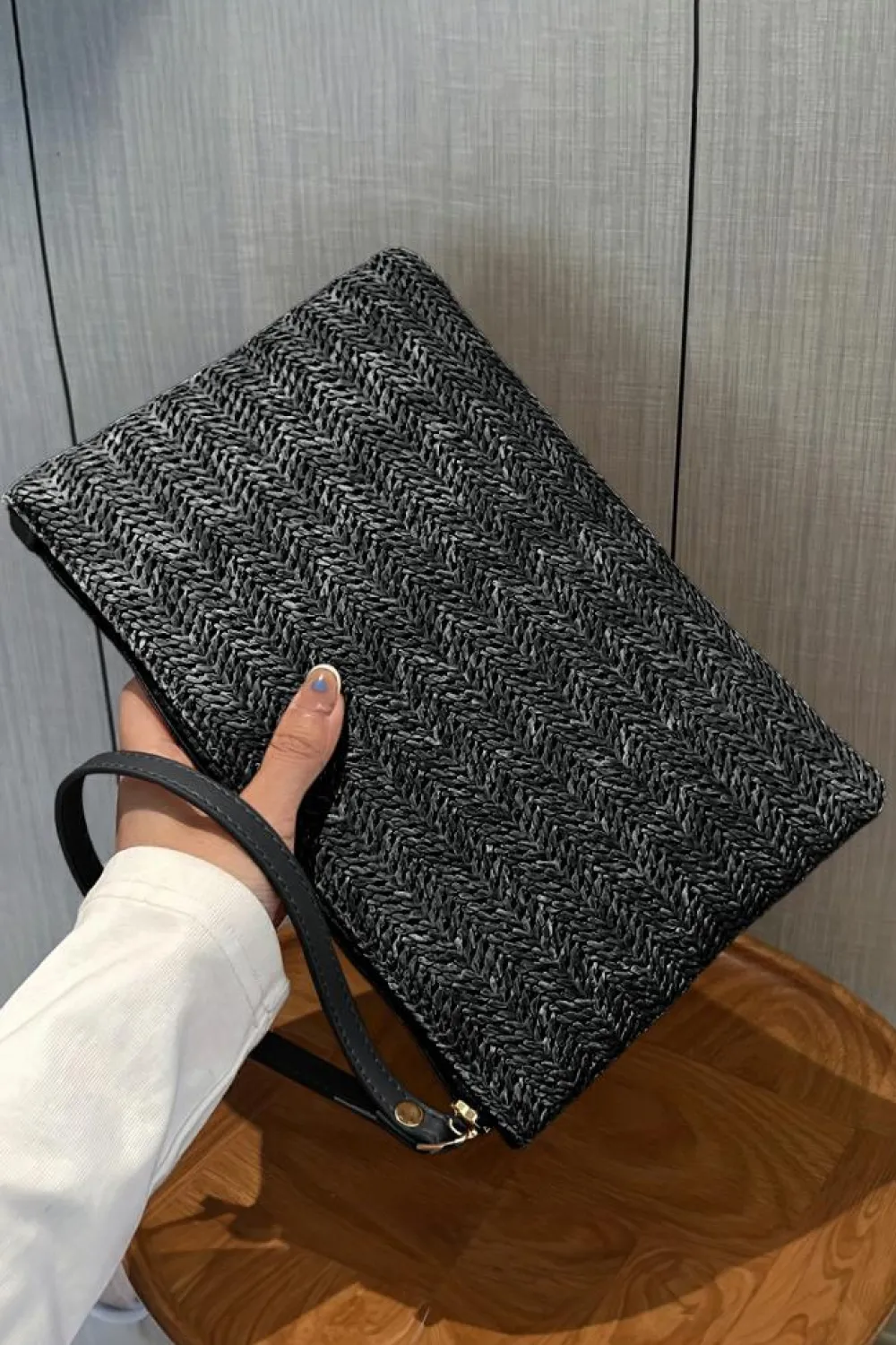 Online Dear-Lover Straw Woven Wrist Strap Zipper Large Wallet Black