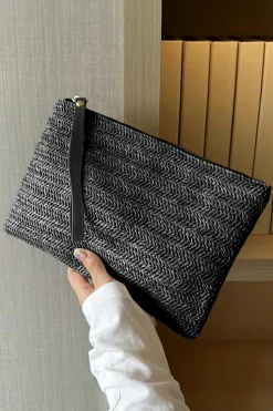 Online Dear-Lover Straw Woven Wrist Strap Zipper Large Wallet Black