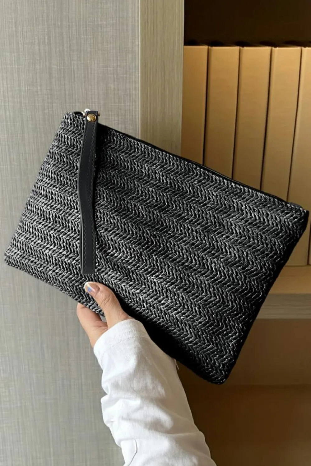 Online Dear-Lover Straw Woven Wrist Strap Zipper Large Wallet Black