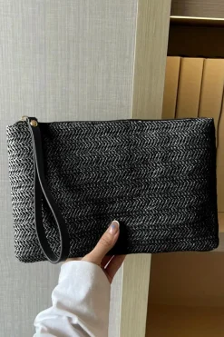 Online Dear-Lover Straw Woven Wrist Strap Zipper Large Wallet Black