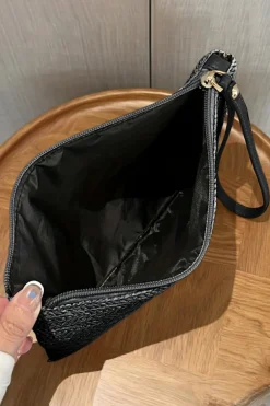 Online Dear-Lover Straw Woven Wrist Strap Zipper Large Wallet Black
