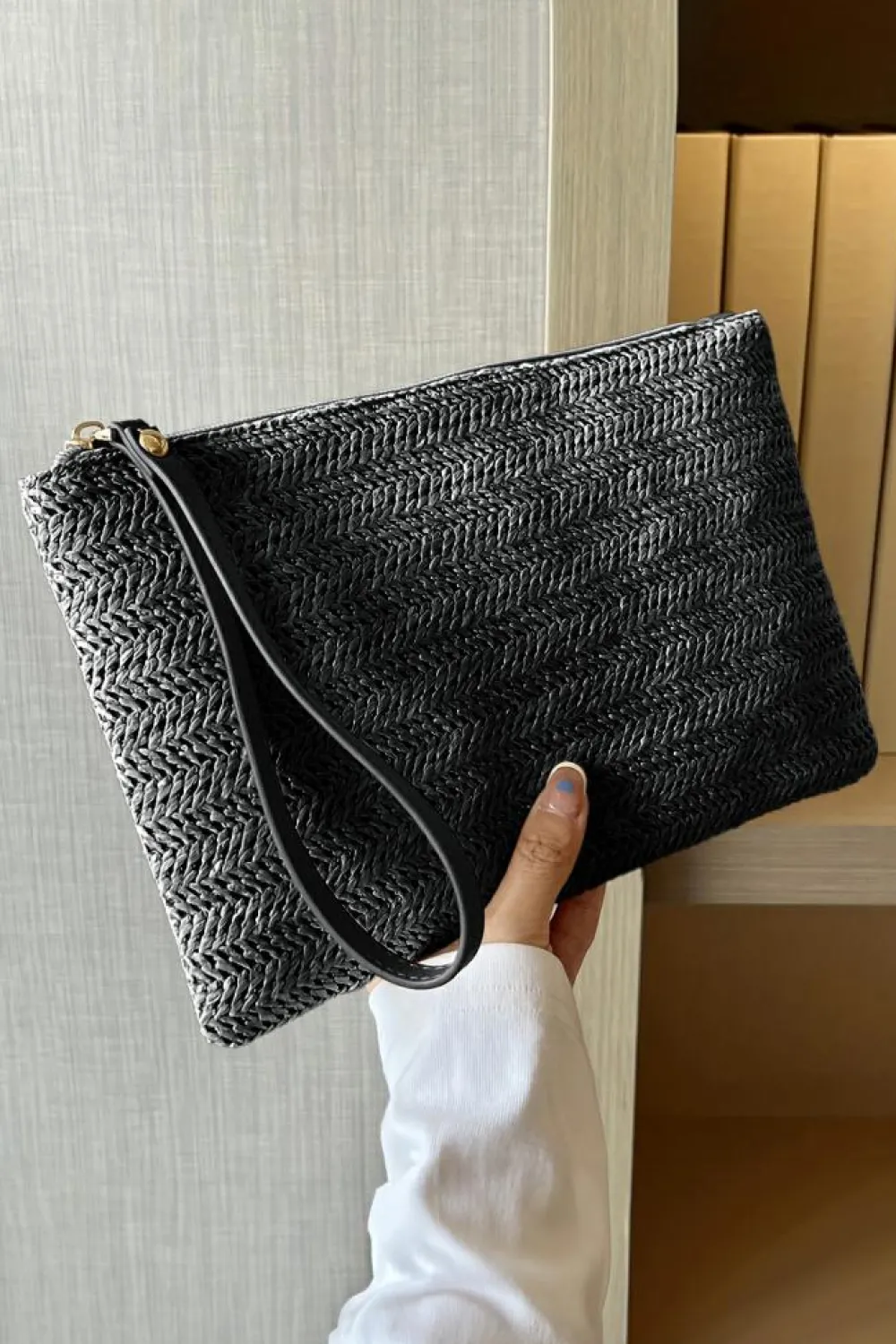 Online Dear-Lover Straw Woven Wrist Strap Zipper Large Wallet Black