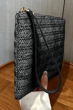 Online Dear-Lover Straw Woven Wrist Strap Zipper Large Wallet Black