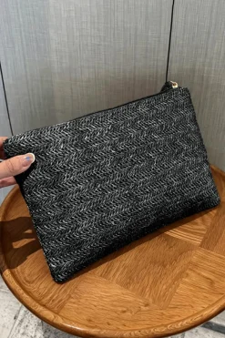 Online Dear-Lover Straw Woven Wrist Strap Zipper Large Wallet Black