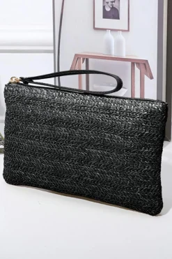 Online Dear-Lover Straw Woven Wrist Strap Zipper Large Wallet Black