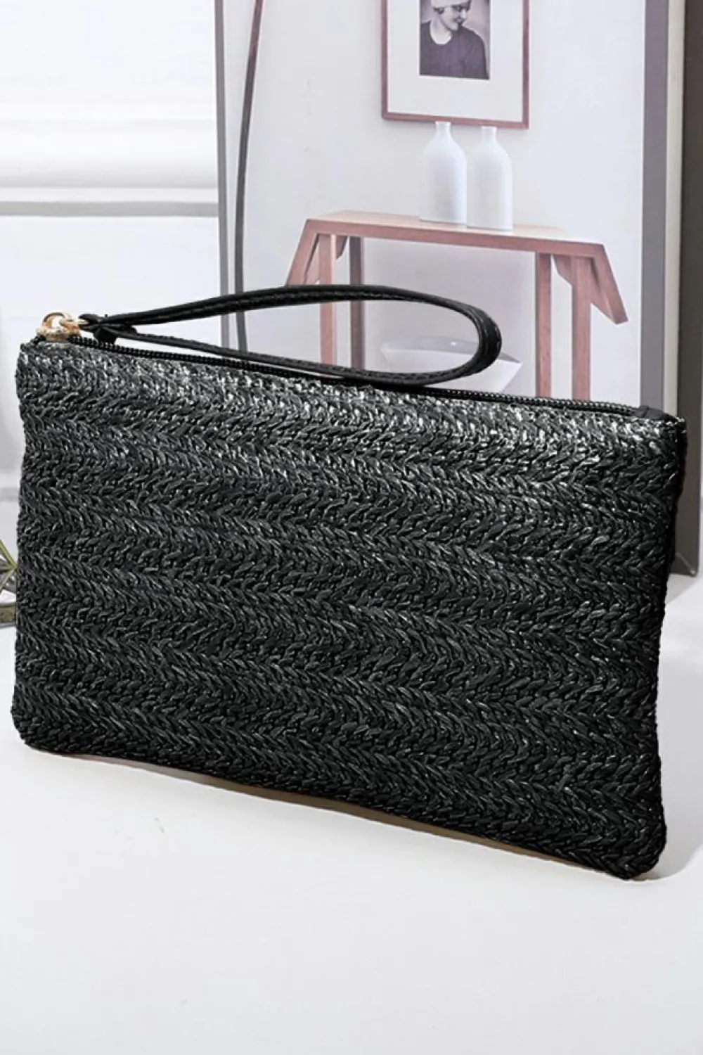 Online Dear-Lover Straw Woven Wrist Strap Zipper Large Wallet Black