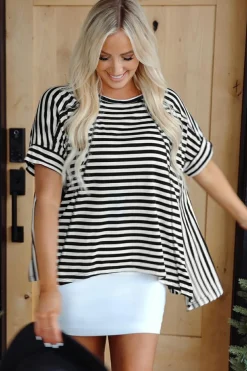 Outlet Dear-Lover Batwing Sleeve Crewneck Oversized Top Black Stripe