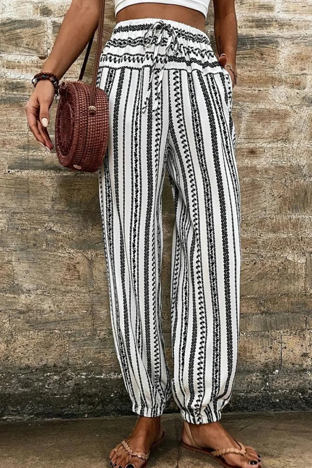 Fashion Dear-Lover Boho Striped Print Casual Pants Black Stripe