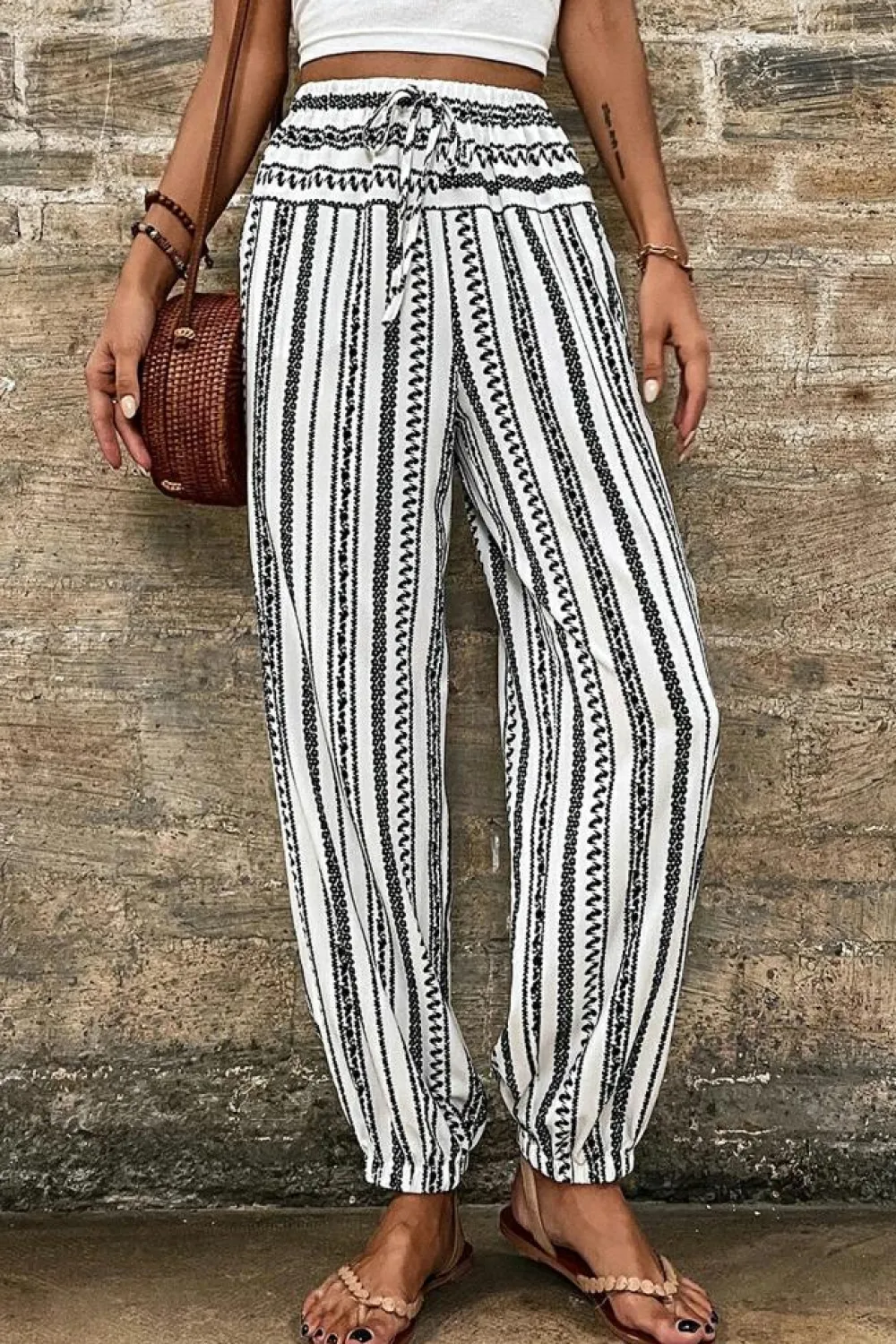 Fashion Dear-Lover Boho Striped Print Casual Pants Black Stripe