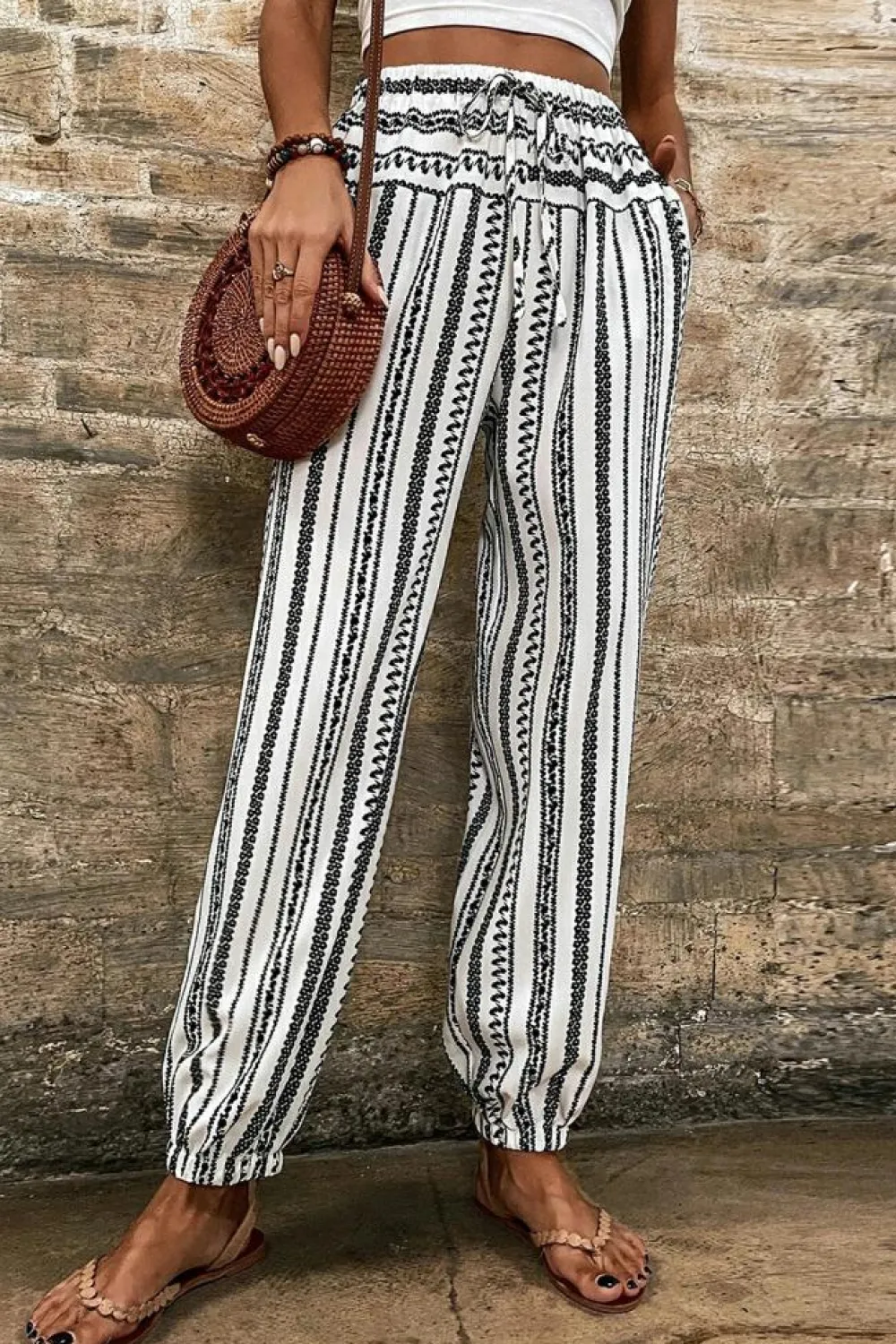 Fashion Dear-Lover Boho Striped Print Casual Pants Black Stripe