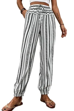 Fashion Dear-Lover Boho Striped Print Casual Pants Black Stripe
