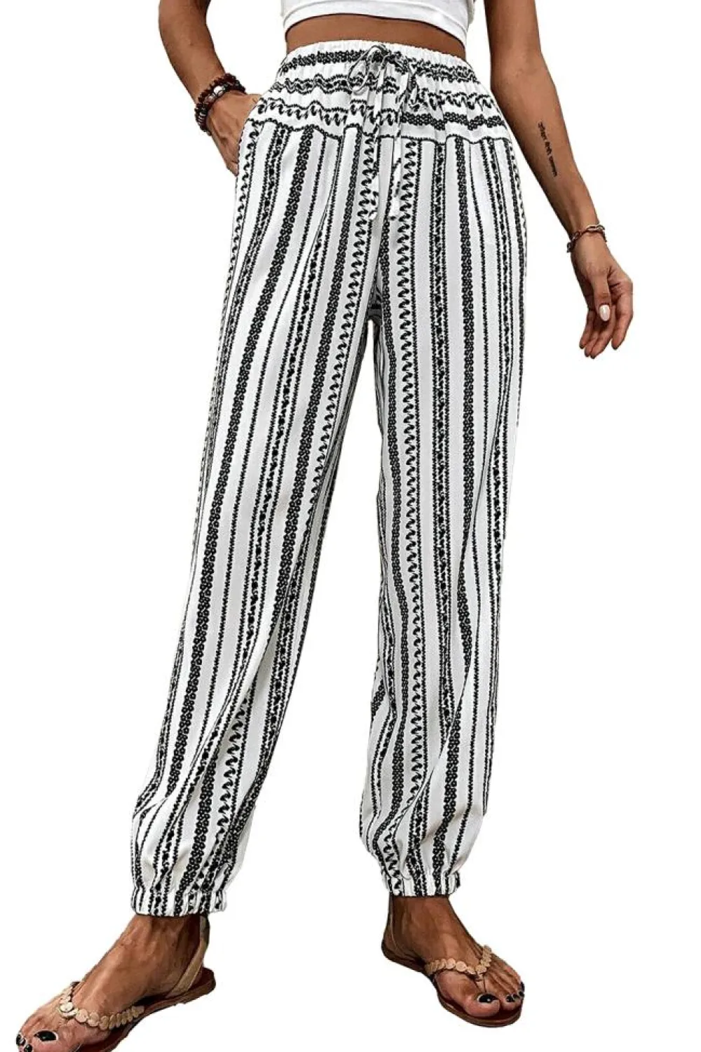 Fashion Dear-Lover Boho Striped Print Casual Pants Black Stripe