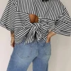 Hot Dear-Lover Bowknot Cutout Back Drop Shoulder Wide Bracelet Sleeve Loose Tee Black Stripe