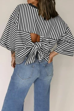 Hot Dear-Lover Bowknot Cutout Back Drop Shoulder Wide Bracelet Sleeve Loose Tee Black Stripe