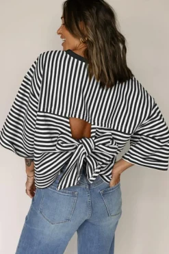 Hot Dear-Lover Bowknot Cutout Back Drop Shoulder Wide Bracelet Sleeve Loose Tee Black Stripe