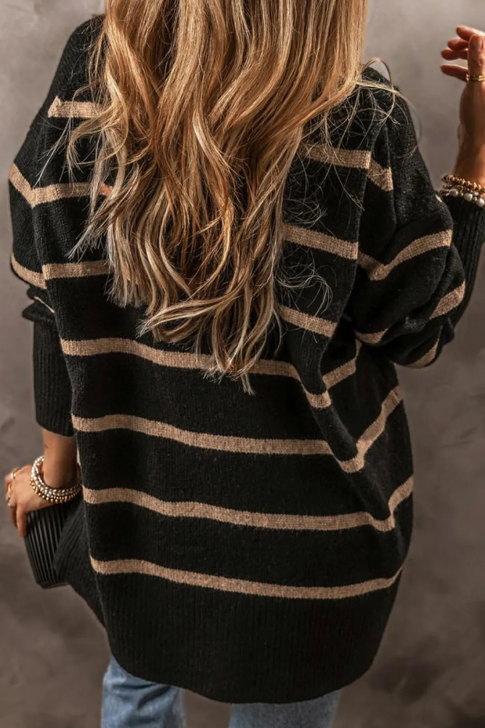 Clearance Dear-Lover Buttoned V Neck Drop Shoulder Loose Cardigan Black Stripe