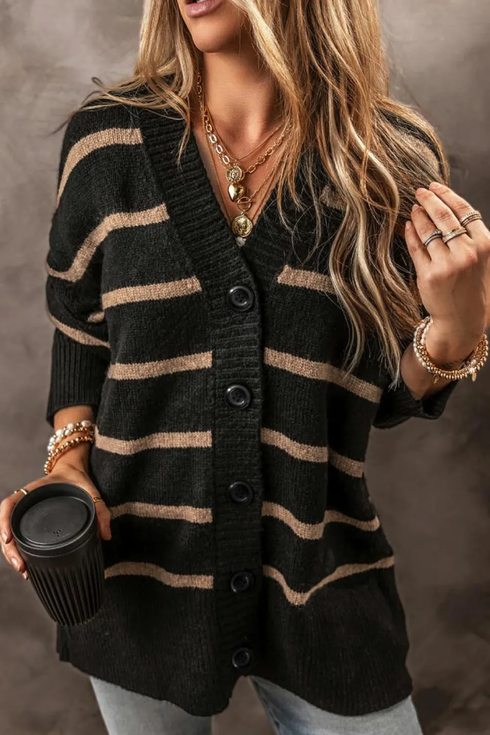 Clearance Dear-Lover Buttoned V Neck Drop Shoulder Loose Cardigan Black Stripe