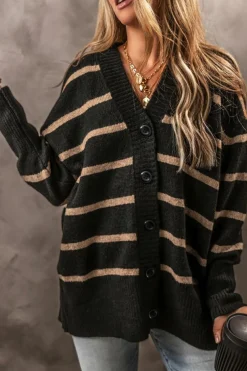 Clearance Dear-Lover Buttoned V Neck Drop Shoulder Loose Cardigan Black Stripe