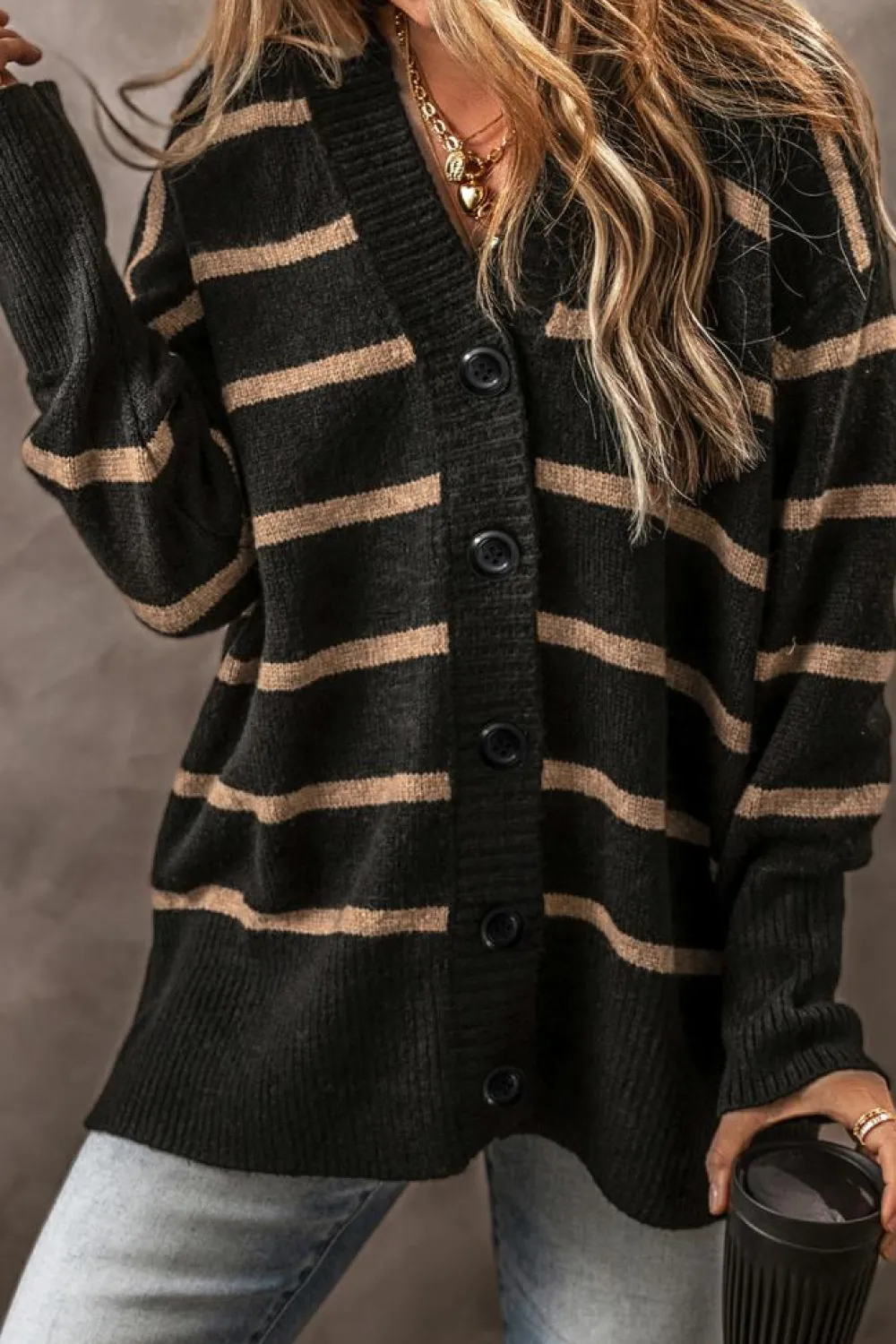 Clearance Dear-Lover Buttoned V Neck Drop Shoulder Loose Cardigan Black Stripe