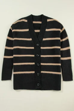 Clearance Dear-Lover Buttoned V Neck Drop Shoulder Loose Cardigan Black Stripe