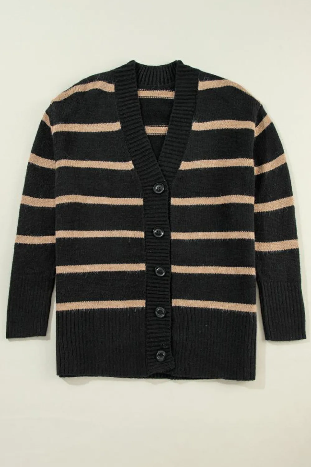 Clearance Dear-Lover Buttoned V Neck Drop Shoulder Loose Cardigan Black Stripe