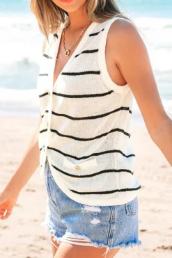 Fashion Dear-Lover Buttoned V Neck Slim Fit Sweater Vest Black Stripe