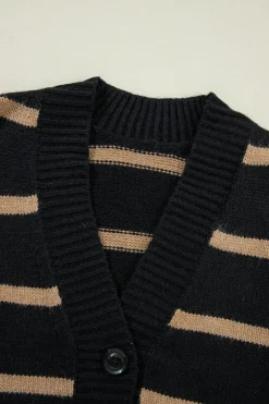 Clearance Dear-Lover Buttoned V Neck Drop Shoulder Loose Cardigan Black Stripe