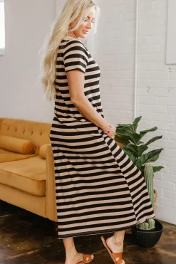 Sale Dear-Lover Casual Round Neck T-shirt Maxi Dress with Pockets Black Stripe