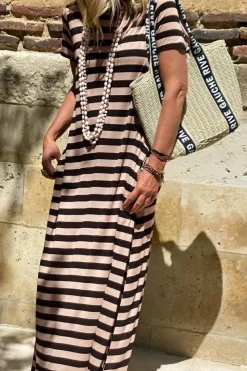 Sale Dear-Lover Casual Round Neck T-shirt Maxi Dress with Pockets Black Stripe