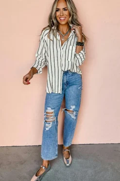 Best Dear-Lover Chest Pocket Buttoned Oversized Shirt Black Stripe