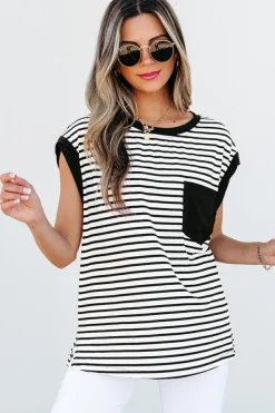 Best Dear-Lover Chest Pocket Patch Round Neck Tank Top Black Stripe